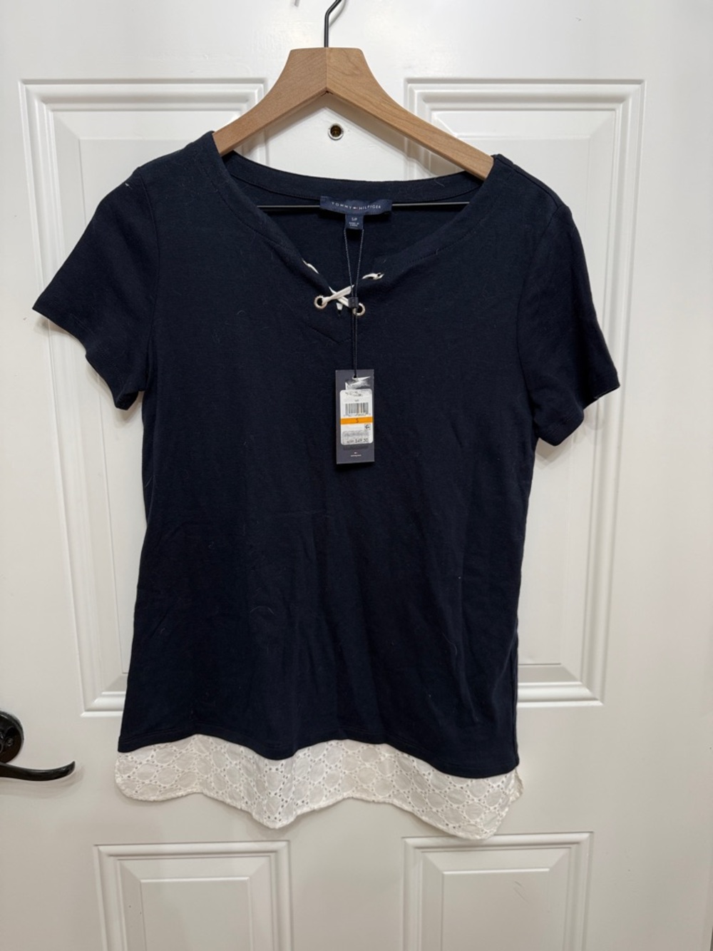 Tommy Hilfiger Navy Short Sleeve Lace-Hem Tee